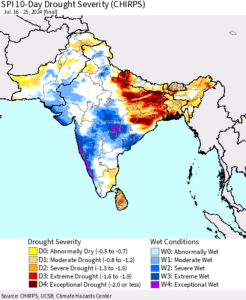 Southern Asia SPI 10-Day Drought Severity (CHIRPS) Thematic Map For 7/16/2024 - 7/25/2024