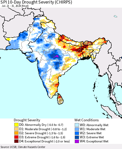 Southern Asia SPI 10-Day Drought Severity (CHIRPS) Thematic Map For 7/21/2024 - 7/31/2024