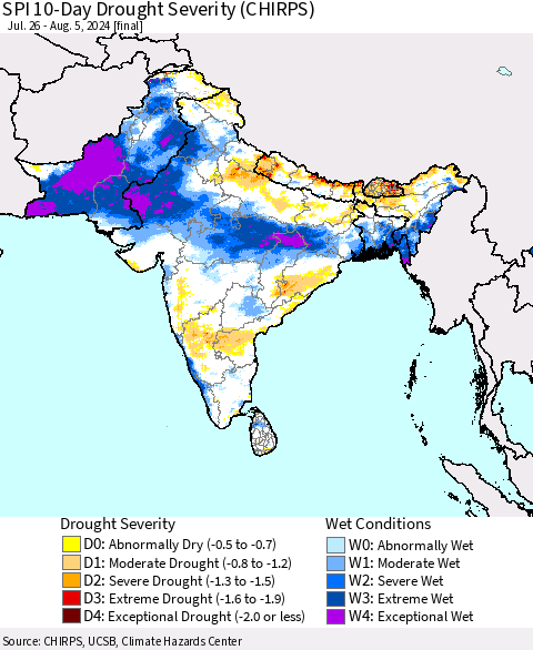 Southern Asia SPI 10-Day Drought Severity (CHIRPS) Thematic Map For 7/26/2024 - 8/5/2024