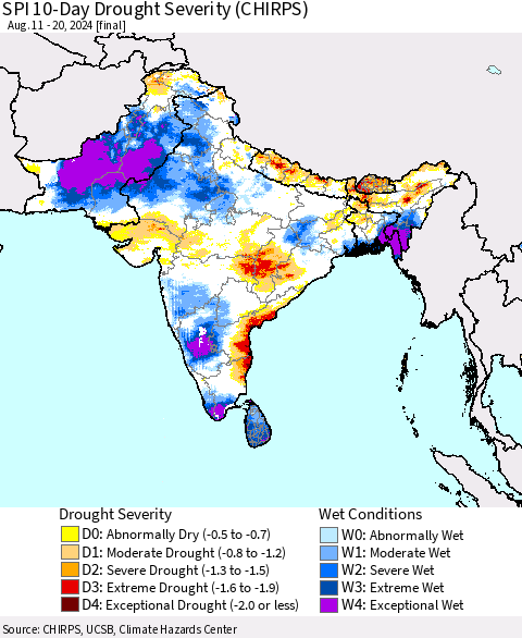 Southern Asia SPI 10-Day Drought Severity (CHIRPS) Thematic Map For 8/11/2024 - 8/20/2024