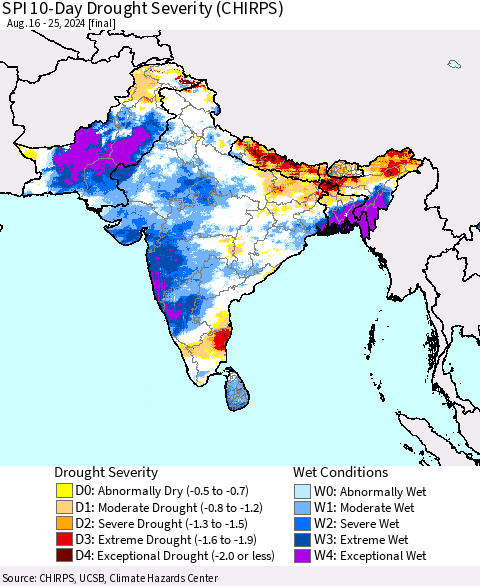 Southern Asia SPI 10-Day Drought Severity (CHIRPS) Thematic Map For 8/16/2024 - 8/25/2024