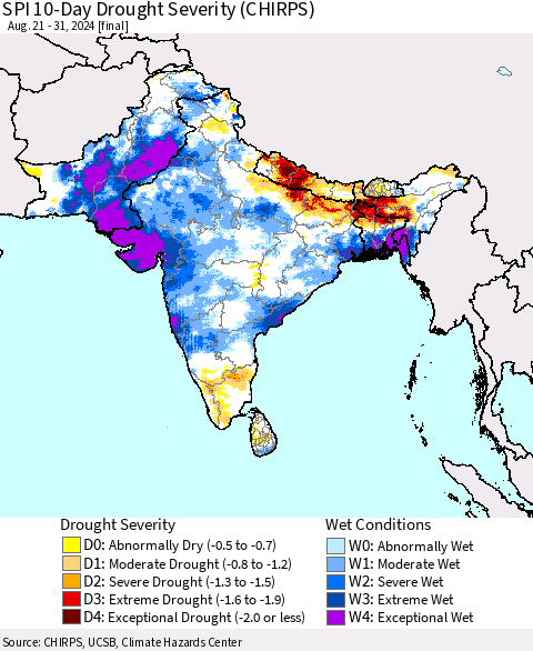 Southern Asia SPI 10-Day Drought Severity (CHIRPS) Thematic Map For 8/21/2024 - 8/31/2024