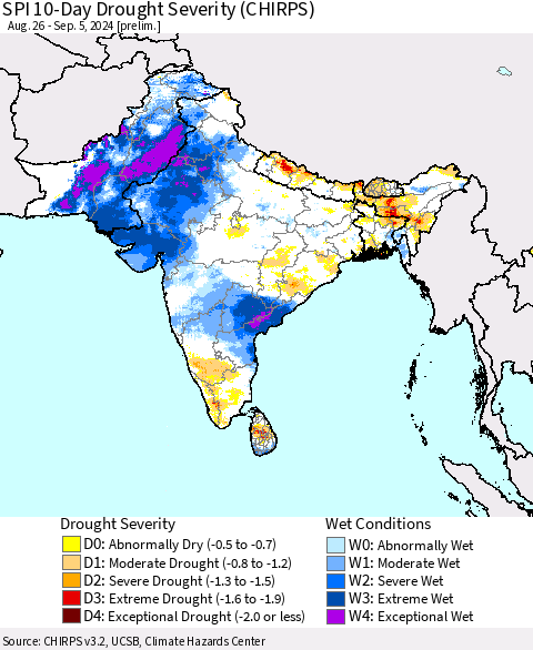 Southern Asia SPI 10-Day Drought Severity (CHIRPS) Thematic Map For 8/26/2024 - 9/5/2024