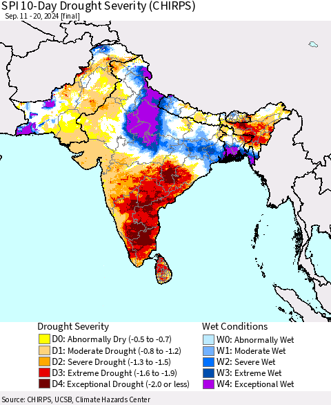 Southern Asia SPI 10-Day Drought Severity (CHIRPS) Thematic Map For 9/11/2024 - 9/20/2024