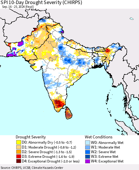Southern Asia SPI 10-Day Drought Severity (CHIRPS) Thematic Map For 9/16/2024 - 9/25/2024