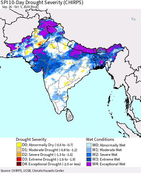 Southern Asia SPI 10-Day Drought Severity (CHIRPS) Thematic Map For 9/26/2024 - 10/5/2024
