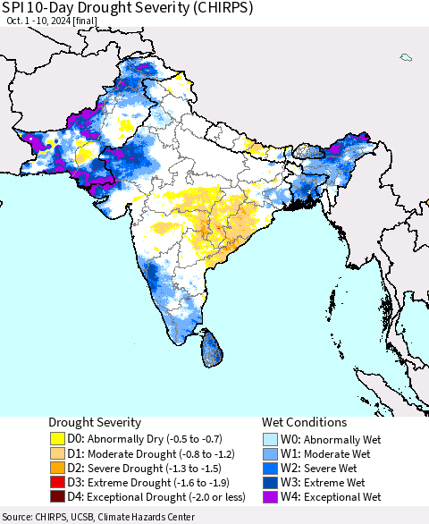 Southern Asia SPI 10-Day Drought Severity (CHIRPS) Thematic Map For 10/1/2024 - 10/10/2024