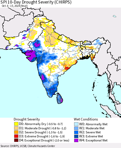 Southern Asia SPI 10-Day Drought Severity (CHIRPS) Thematic Map For 10/6/2024 - 10/15/2024