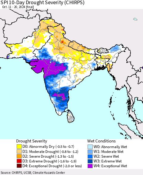 Southern Asia SPI 10-Day Drought Severity (CHIRPS) Thematic Map For 10/11/2024 - 10/20/2024