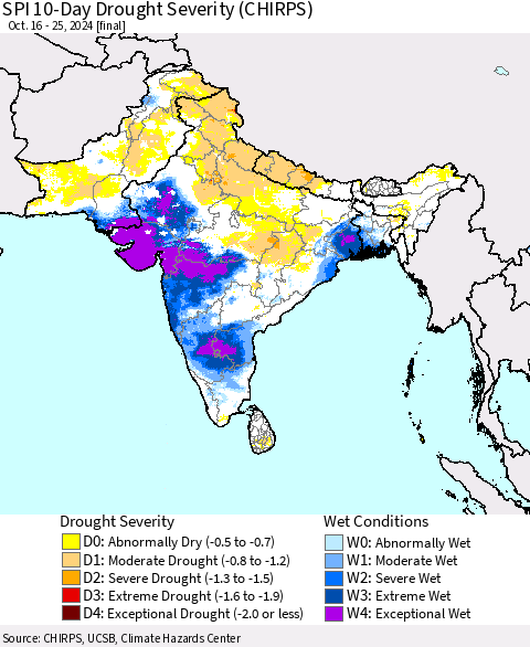Southern Asia SPI 10-Day Drought Severity (CHIRPS) Thematic Map For 10/16/2024 - 10/25/2024