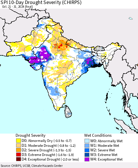Southern Asia SPI 10-Day Drought Severity (CHIRPS) Thematic Map For 10/21/2024 - 10/31/2024