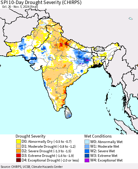 Southern Asia SPI 10-Day Drought Severity (CHIRPS) Thematic Map For 10/26/2024 - 11/5/2024