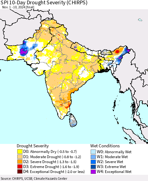Southern Asia SPI 10-Day Drought Severity (CHIRPS) Thematic Map For 11/1/2024 - 11/10/2024