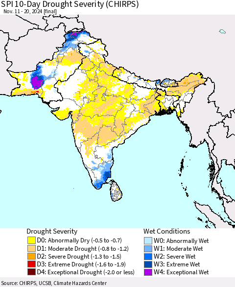 Southern Asia SPI 10-Day Drought Severity (CHIRPS) Thematic Map For 11/11/2024 - 11/20/2024