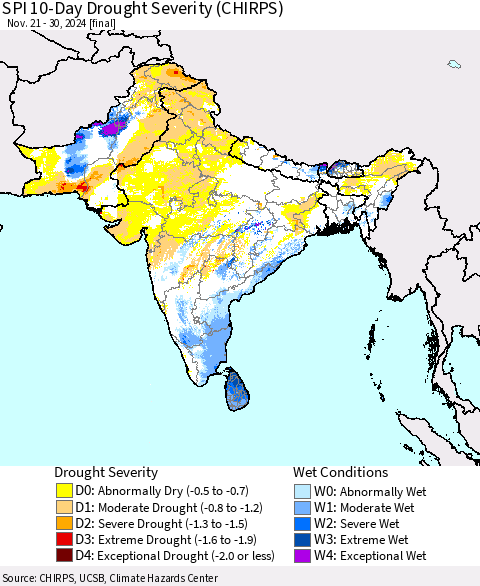 Southern Asia SPI 10-Day Drought Severity (CHIRPS) Thematic Map For 11/21/2024 - 11/30/2024