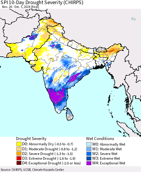 Southern Asia SPI 10-Day Drought Severity (CHIRPS) Thematic Map For 11/26/2024 - 12/5/2024