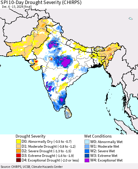 Southern Asia SPI 10-Day Drought Severity (CHIRPS) Thematic Map For 12/6/2024 - 12/15/2024