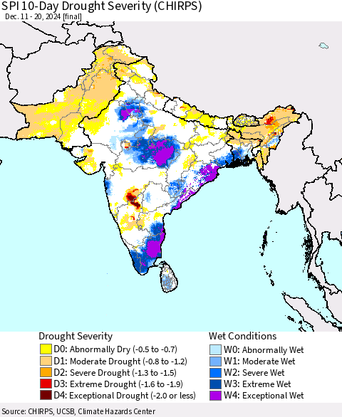 Southern Asia SPI 10-Day Drought Severity (CHIRPS) Thematic Map For 12/11/2024 - 12/20/2024