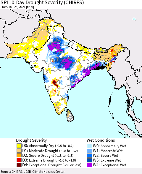 Southern Asia SPI 10-Day Drought Severity (CHIRPS) Thematic Map For 12/16/2024 - 12/25/2024