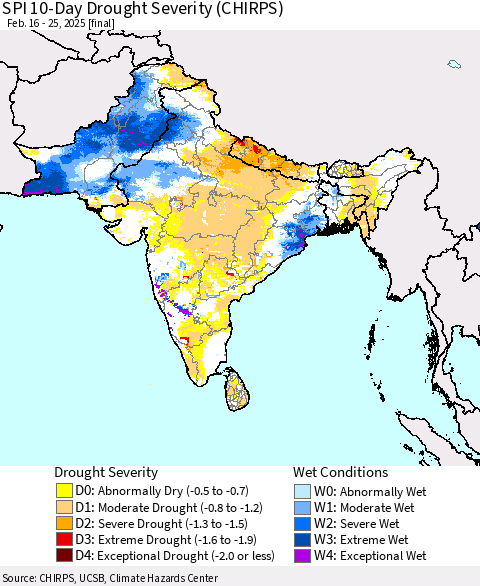 Southern Asia SPI 10-Day Drought Severity (CHIRPS) Thematic Map For 2/16/2025 - 2/25/2025