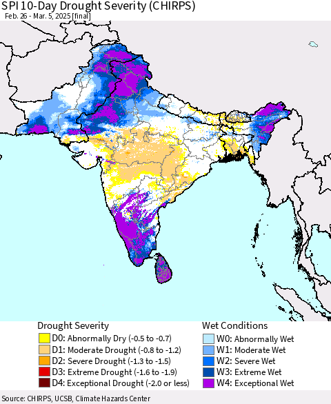 Southern Asia SPI 10-Day Drought Severity (CHIRPS) Thematic Map For 2/26/2025 - 3/5/2025