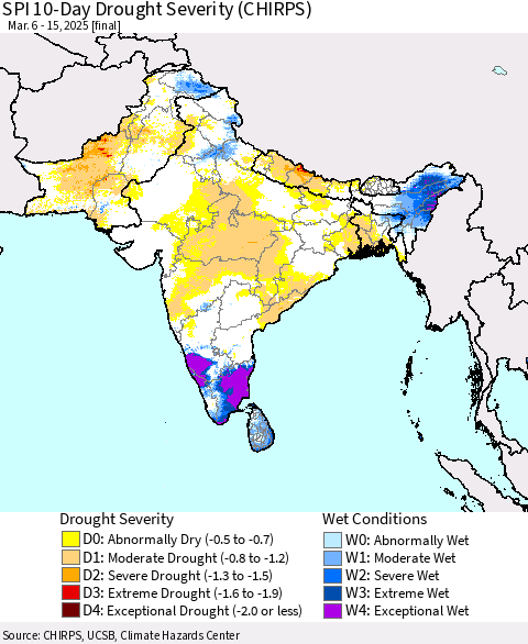 Southern Asia SPI 10-Day Drought Severity (CHIRPS) Thematic Map For 3/6/2025 - 3/15/2025
