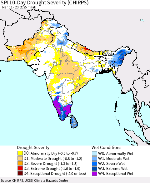 Southern Asia SPI 10-Day Drought Severity (CHIRPS) Thematic Map For 3/11/2025 - 3/20/2025