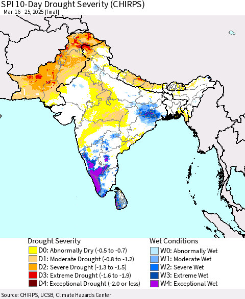 Southern Asia SPI 10-Day Drought Severity (CHIRPS) Thematic Map For 3/16/2025 - 3/25/2025