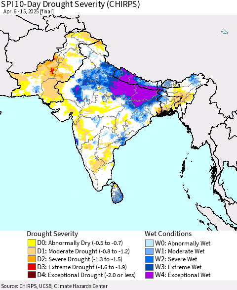 Southern Asia SPI 10-Day Drought Severity (CHIRPS) Thematic Map For 4/6/2025 - 4/15/2025