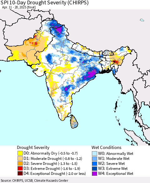 Southern Asia SPI 10-Day Drought Severity (CHIRPS) Thematic Map For 4/11/2025 - 4/20/2025