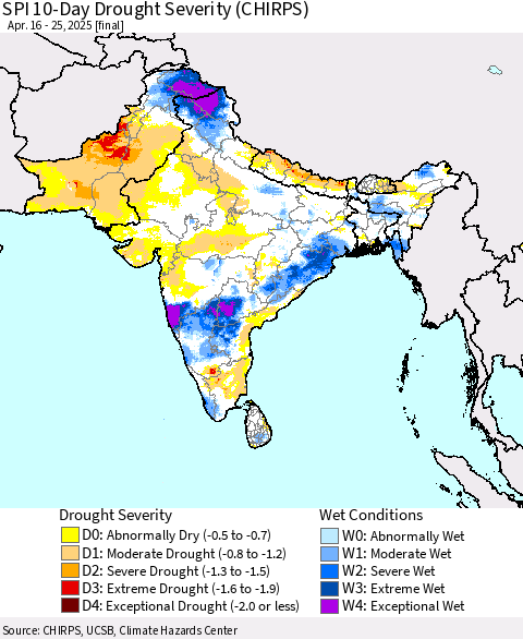 Southern Asia SPI 10-Day Drought Severity (CHIRPS) Thematic Map For 4/16/2025 - 4/25/2025