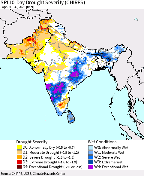 Southern Asia SPI 10-Day Drought Severity (CHIRPS) Thematic Map For 4/21/2025 - 4/30/2025