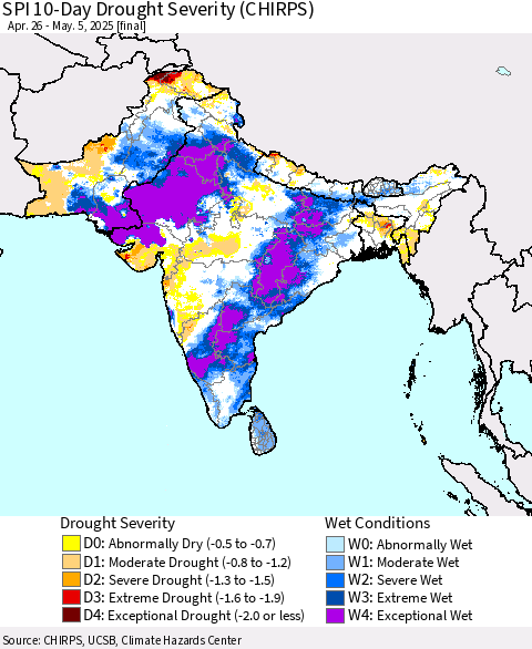 Southern Asia SPI 10-Day Drought Severity (CHIRPS) Thematic Map For 4/26/2025 - 5/5/2025