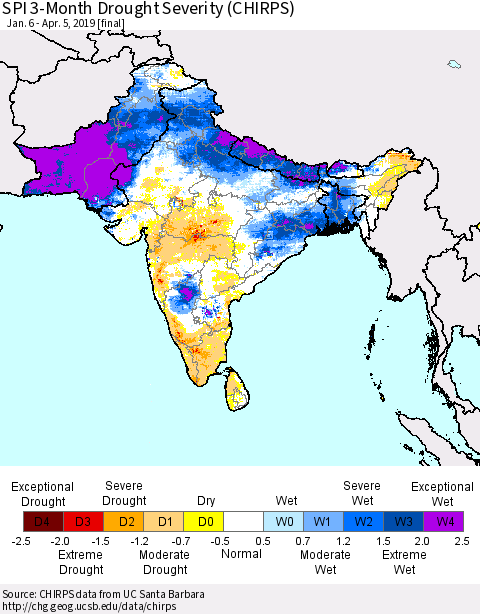 Southern Asia SPI 3-Month Drought Severity (CHIRPS) Thematic Map For 1/6/2019 - 4/5/2019