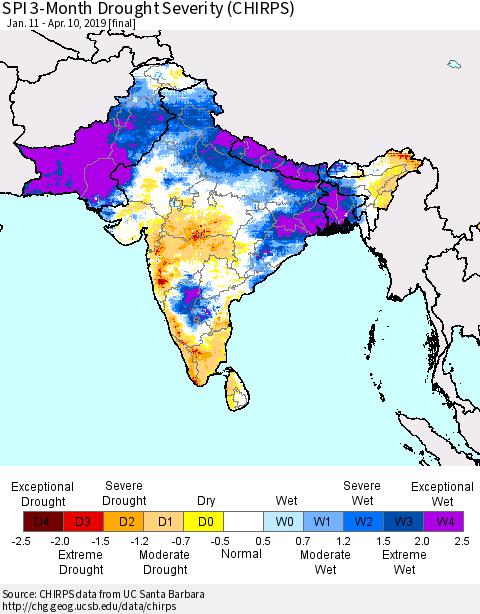 Southern Asia SPI 3-Month Drought Severity (CHIRPS) Thematic Map For 1/11/2019 - 4/10/2019