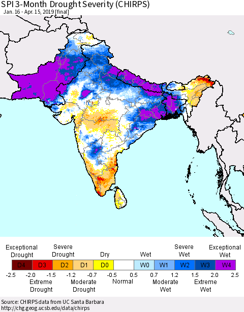 Southern Asia SPI 3-Month Drought Severity (CHIRPS) Thematic Map For 1/16/2019 - 4/15/2019