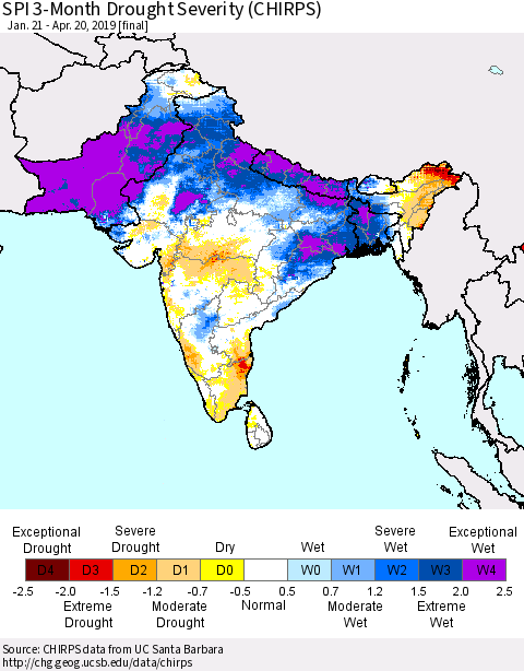 Southern Asia SPI 3-Month Drought Severity (CHIRPS) Thematic Map For 1/21/2019 - 4/20/2019