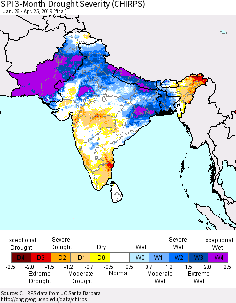 Southern Asia SPI 3-Month Drought Severity (CHIRPS) Thematic Map For 1/26/2019 - 4/25/2019