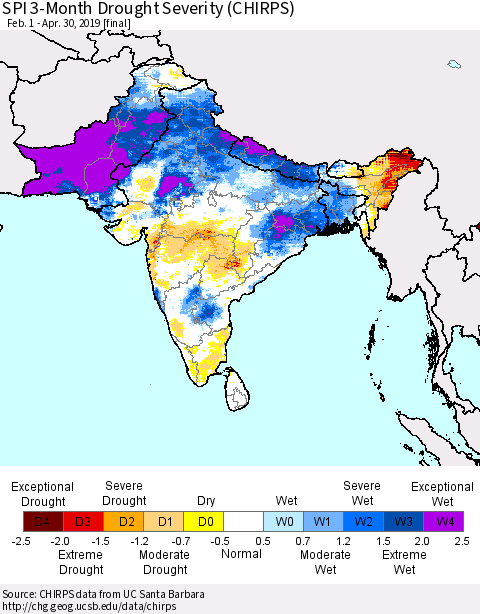 Southern Asia SPI 3-Month Drought Severity (CHIRPS) Thematic Map For 2/1/2019 - 4/30/2019