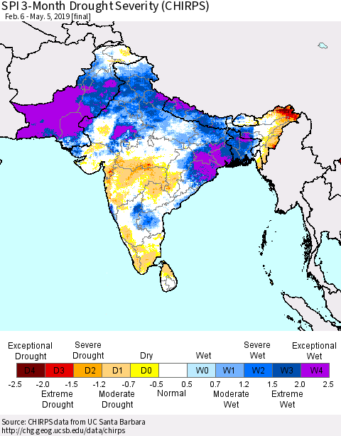 Southern Asia SPI 3-Month Drought Severity (CHIRPS) Thematic Map For 2/6/2019 - 5/5/2019