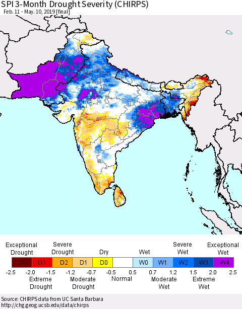 Southern Asia SPI 3-Month Drought Severity (CHIRPS) Thematic Map For 2/11/2019 - 5/10/2019