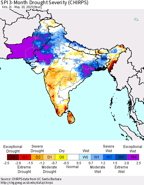 Southern Asia SPI 3-Month Drought Severity (CHIRPS) Thematic Map For 2/21/2019 - 5/20/2019