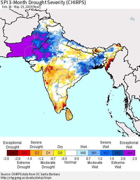 Southern Asia SPI 3-Month Drought Severity (CHIRPS) Thematic Map For 2/26/2019 - 5/25/2019