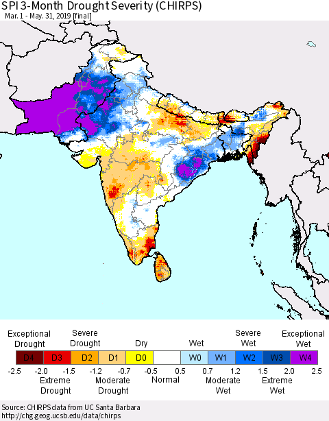 Southern Asia SPI 3-Month Drought Severity (CHIRPS) Thematic Map For 3/1/2019 - 5/31/2019