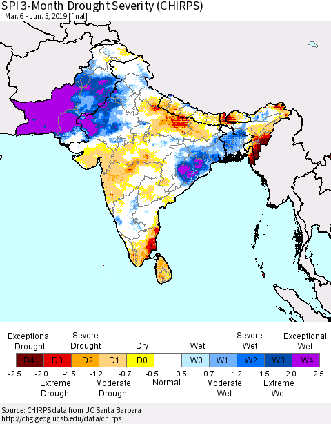 Southern Asia SPI 3-Month Drought Severity (CHIRPS) Thematic Map For 3/6/2019 - 6/5/2019
