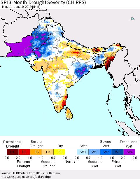 Southern Asia SPI 3-Month Drought Severity (CHIRPS) Thematic Map For 3/11/2019 - 6/10/2019