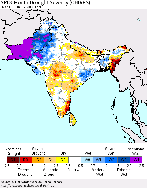 Southern Asia SPI 3-Month Drought Severity (CHIRPS) Thematic Map For 3/16/2019 - 6/15/2019