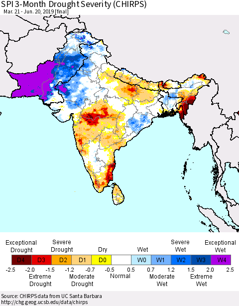 Southern Asia SPI 3-Month Drought Severity (CHIRPS) Thematic Map For 3/21/2019 - 6/20/2019