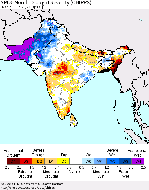 Southern Asia SPI 3-Month Drought Severity (CHIRPS) Thematic Map For 3/26/2019 - 6/25/2019