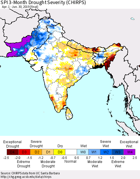 Southern Asia SPI 3-Month Drought Severity (CHIRPS) Thematic Map For 4/1/2019 - 6/30/2019